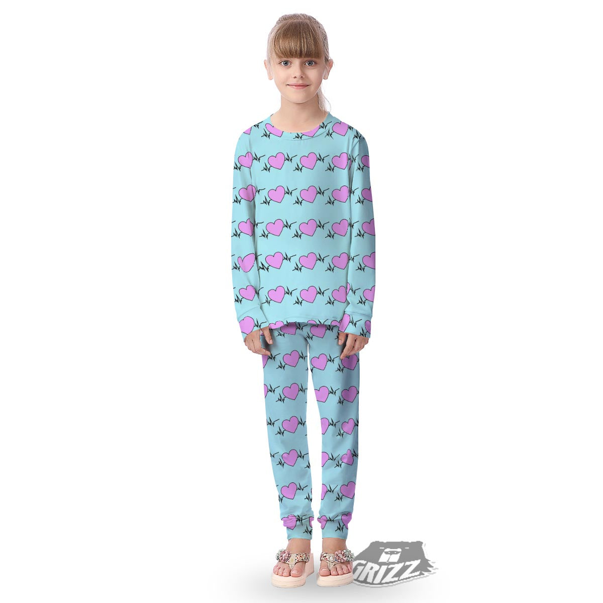 Heartbeat Pink Print Pattern Kid's Pajamas-grizzshop
