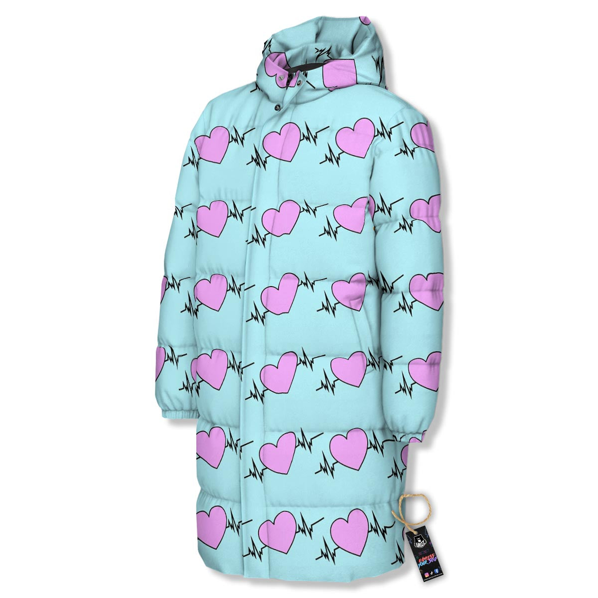 Heartbeat Pink Print Pattern Long Down Jacket-grizzshop
