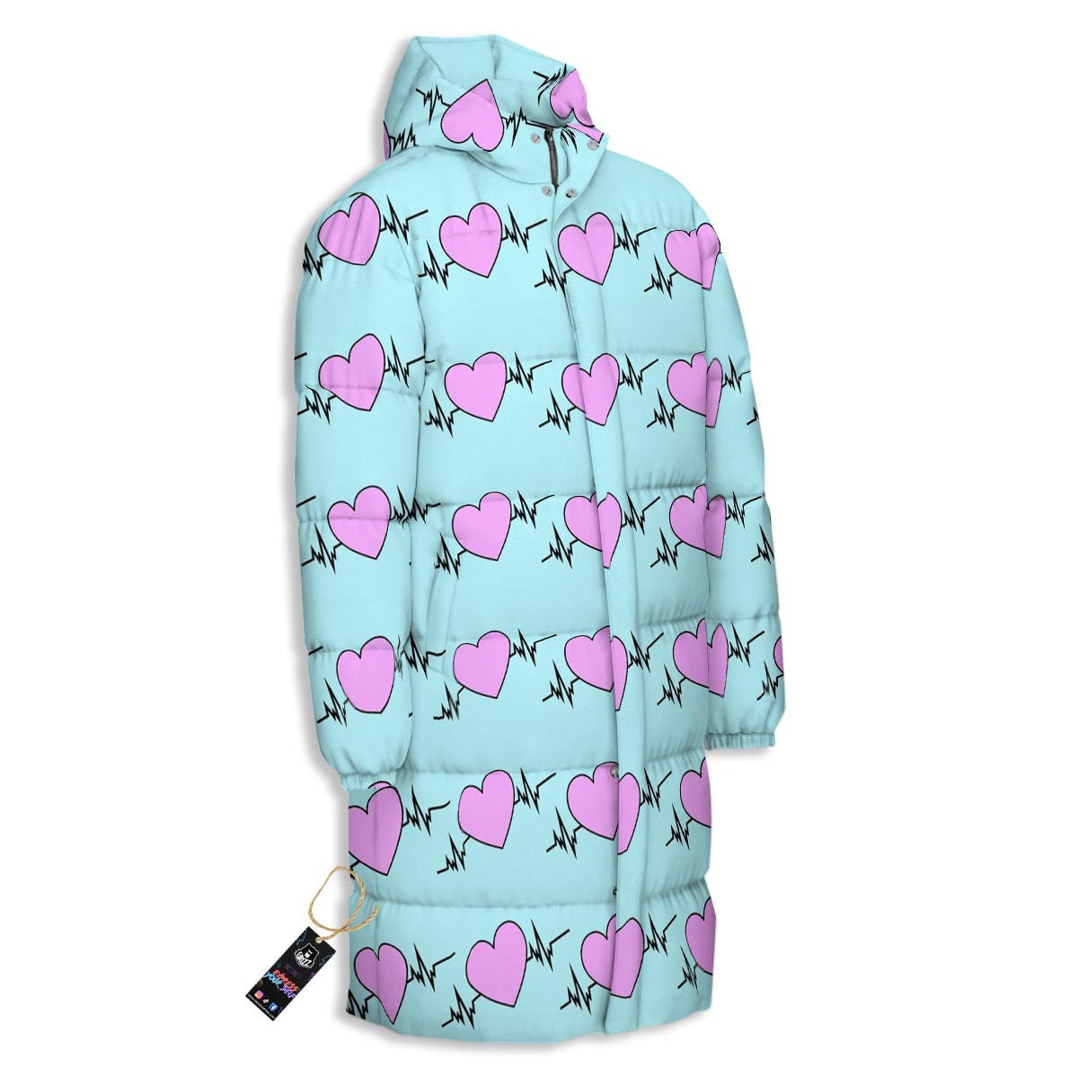 Heartbeat Pink Print Pattern Long Down Jacket-grizzshop
