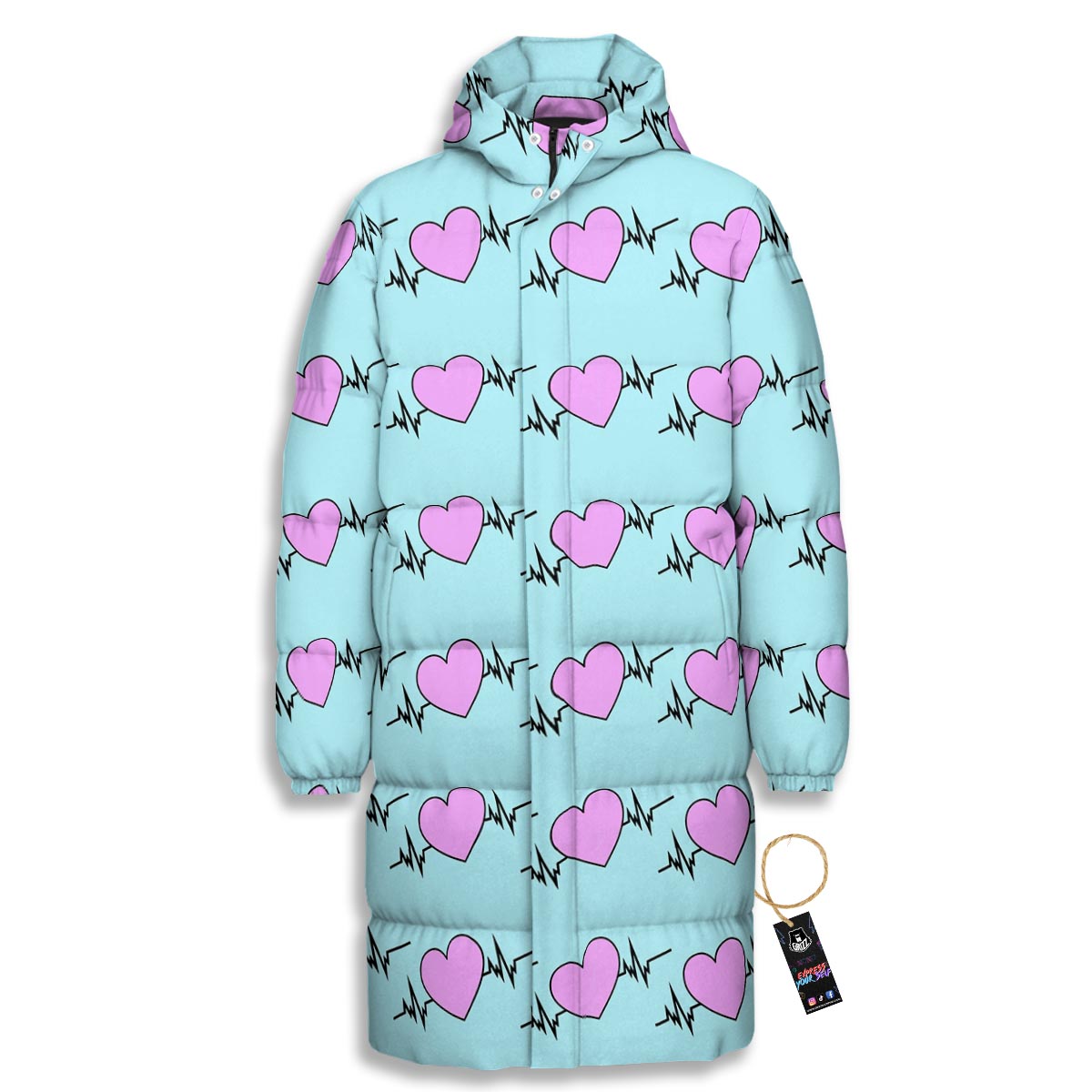 Heartbeat Pink Print Pattern Long Down Jacket-grizzshop