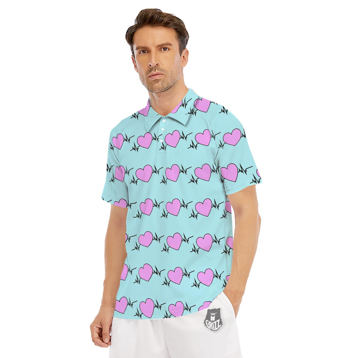 Heartbeat Pink Print Pattern Men's Golf Shirts-grizzshop