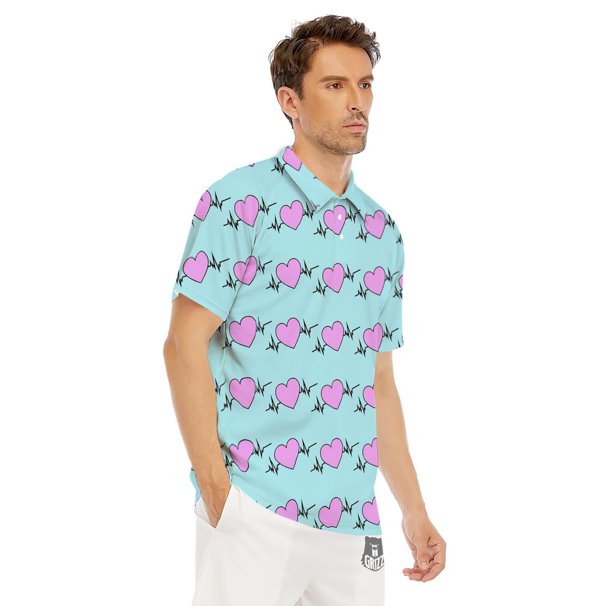 Heartbeat Pink Print Pattern Men's Golf Shirts-grizzshop