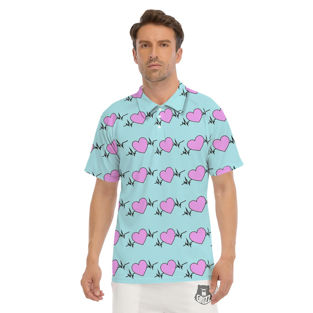 Heartbeat Pink Print Pattern Men's Golf Shirts-grizzshop