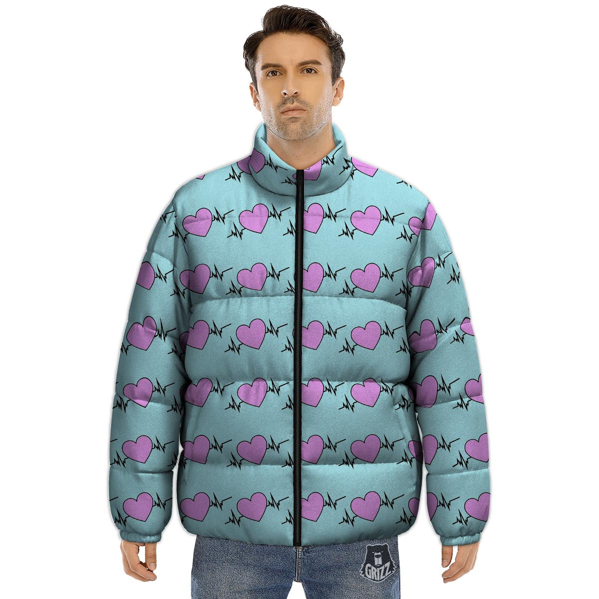 Heartbeat Pink Print Pattern Puffer Jacket-grizzshop