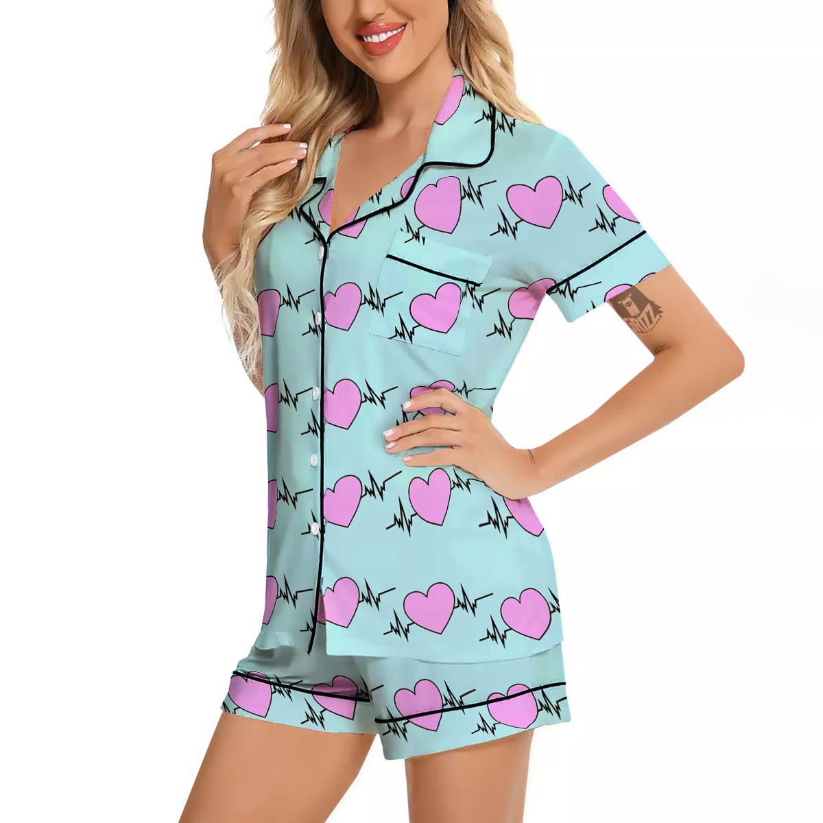 Heartbeat Pink Print Pattern Women Silk Pajamas-grizzshop