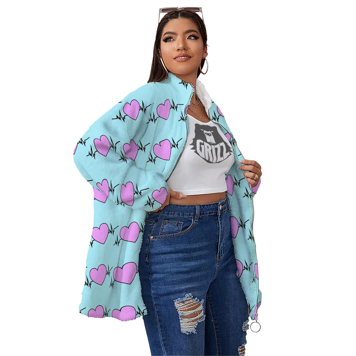 Heartbeat Pink Print Pattern Women's Sherpa Jacket-grizzshop