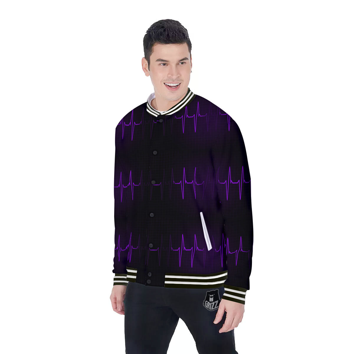 Heartbeat Purple Print Pattern Baseball Jacket-grizzshop
