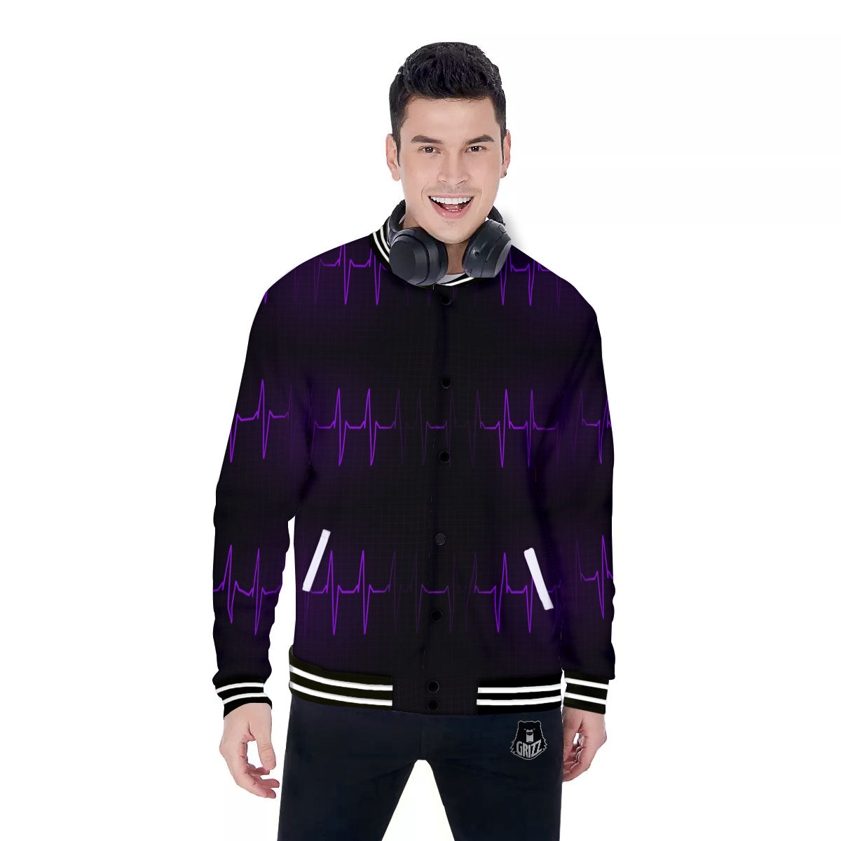 Heartbeat Purple Print Pattern Baseball Jacket-grizzshop