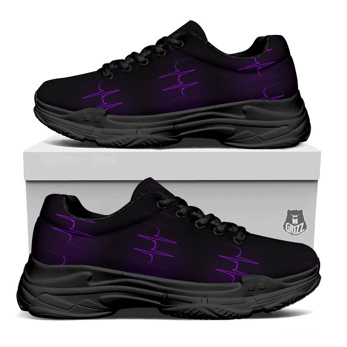 Heartbeat Purple Print Pattern Black Chunky Shoes-grizzshop