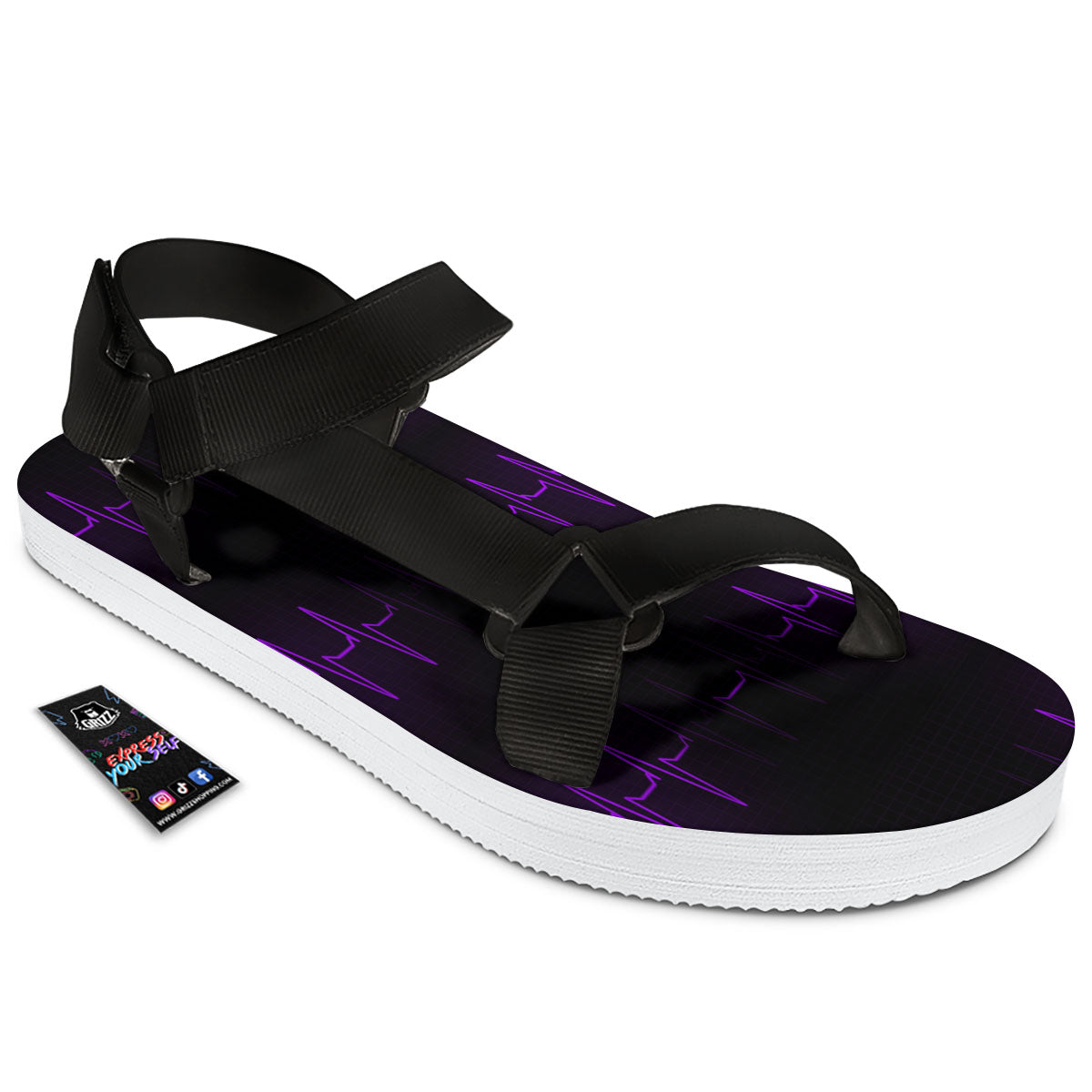 Heartbeat Purple Print Pattern Black Open Toe Sandals-grizzshop