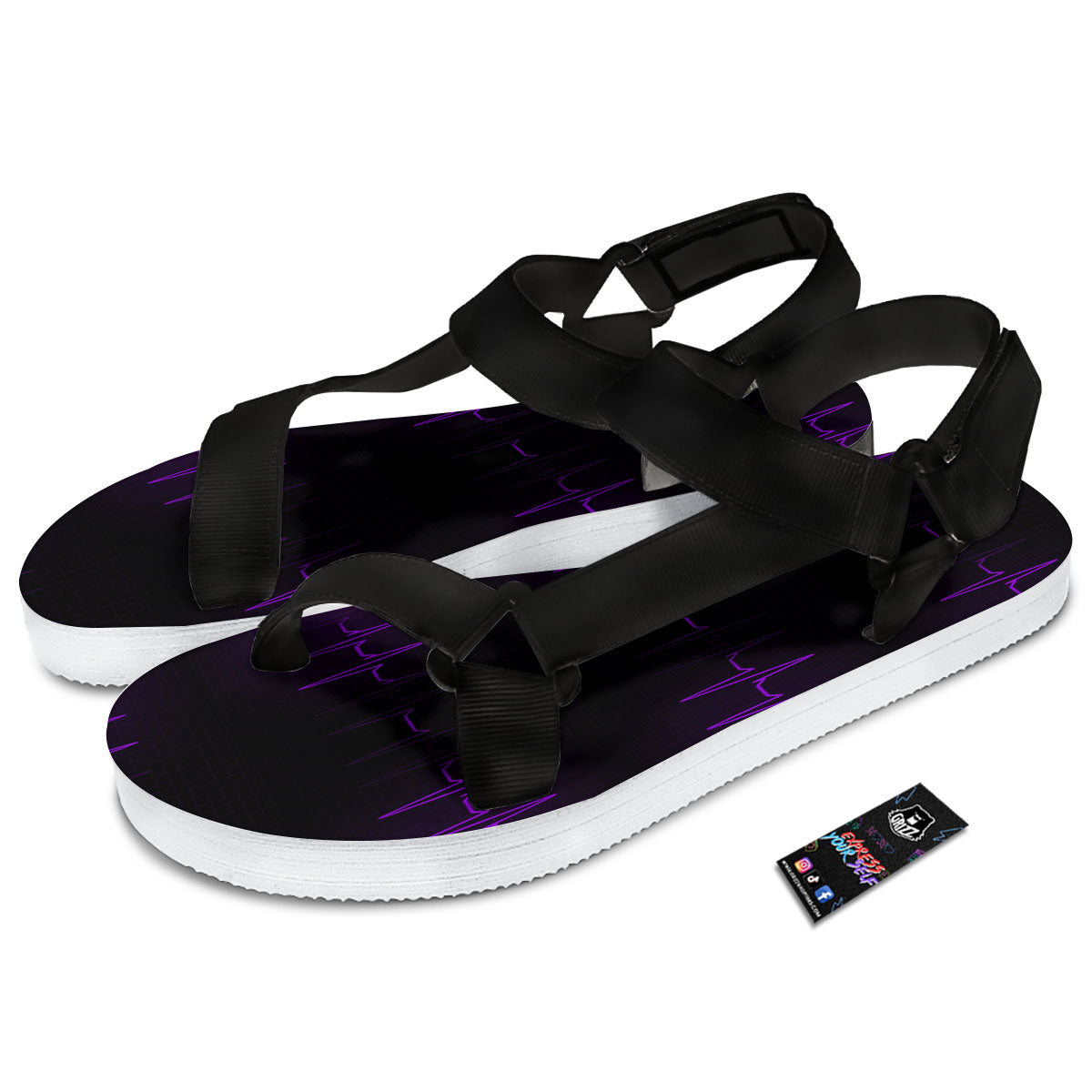 Heartbeat Purple Print Pattern Black Open Toe Sandals-grizzshop