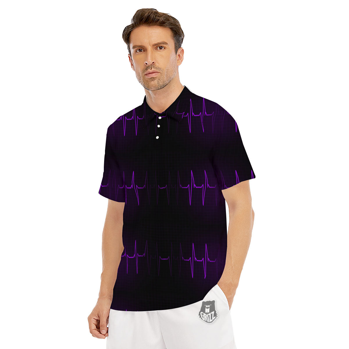 Heartbeat Purple Print Pattern Men's Golf Shirts-grizzshop