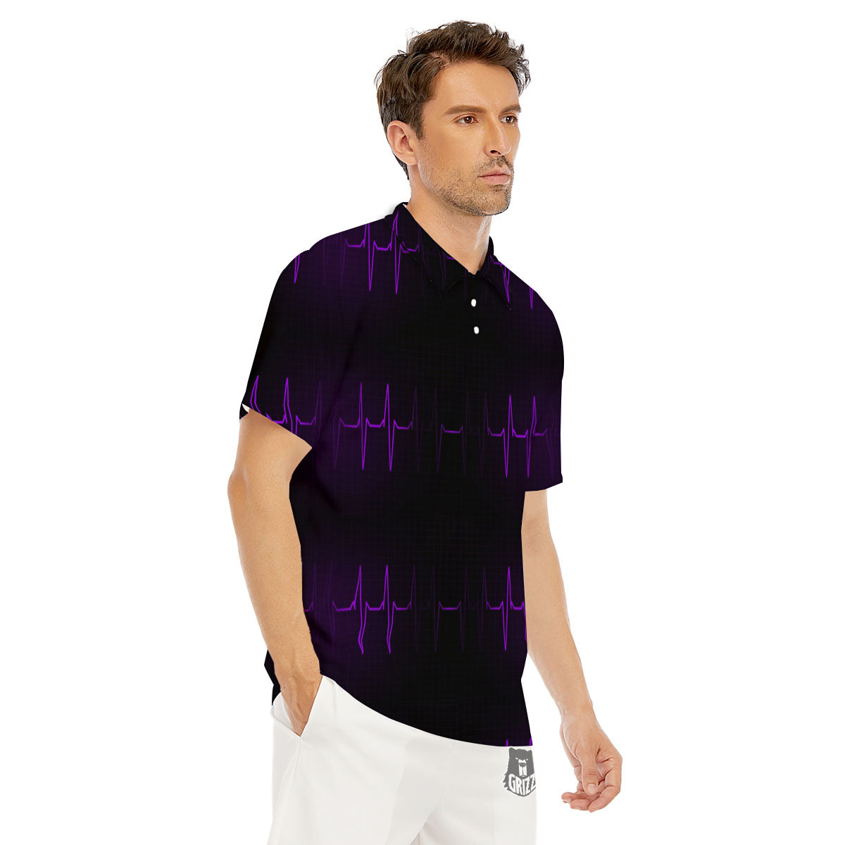 Heartbeat Purple Print Pattern Men's Golf Shirts-grizzshop