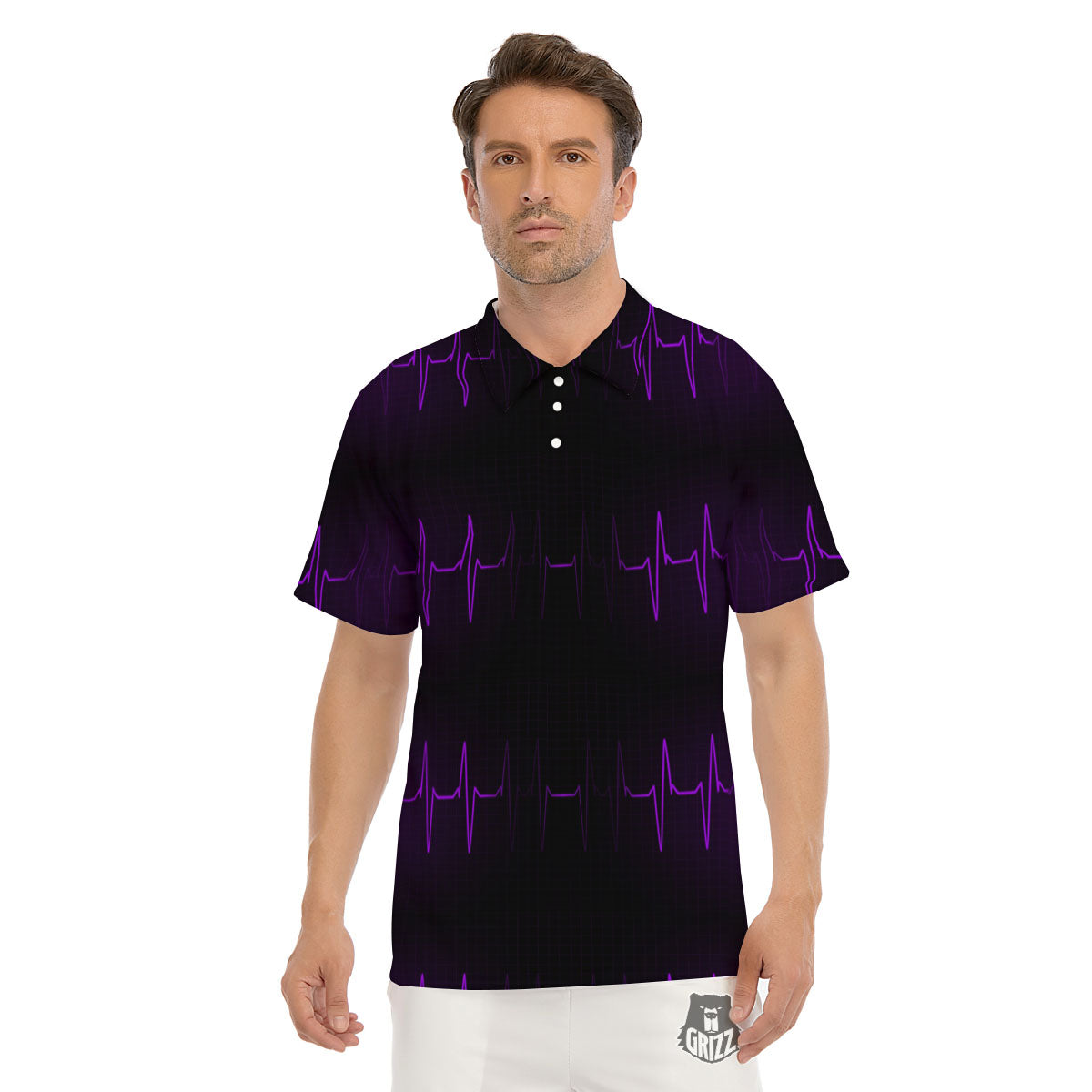 Heartbeat Purple Print Pattern Men's Golf Shirts-grizzshop
