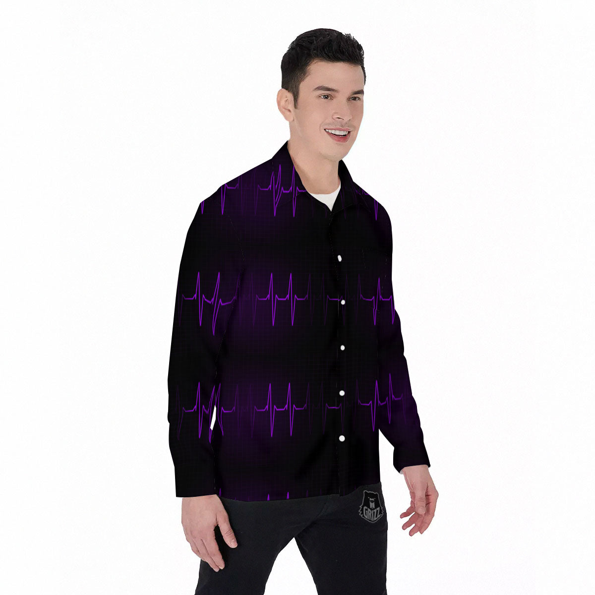Heartbeat Purple Print Pattern Men's Long Sleeve Shirts-grizzshop