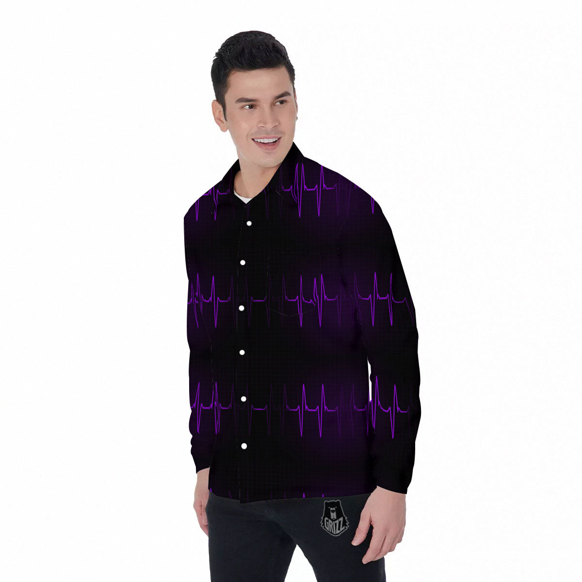 Heartbeat Purple Print Pattern Men's Long Sleeve Shirts-grizzshop