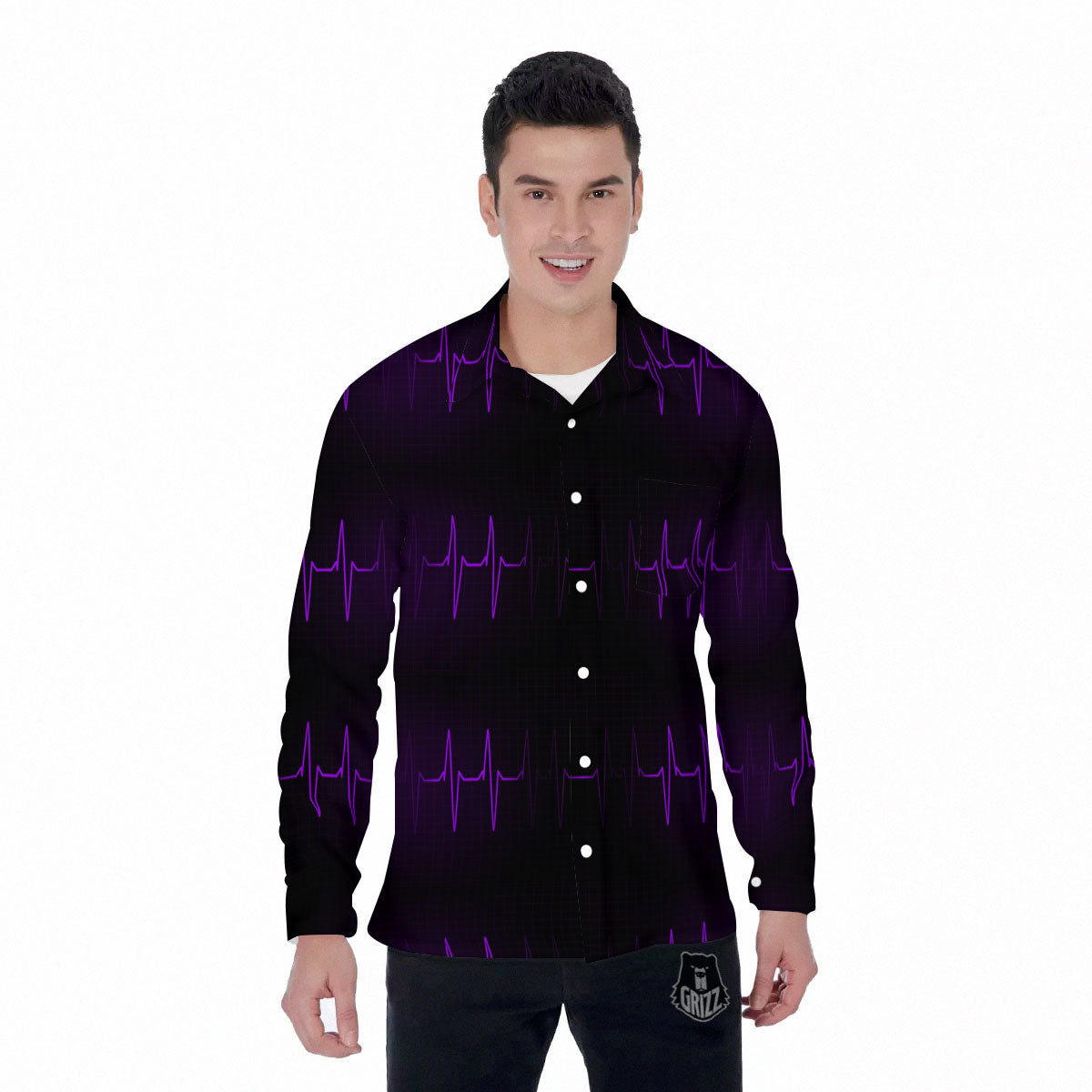 Heartbeat Purple Print Pattern Men's Long Sleeve Shirts-grizzshop
