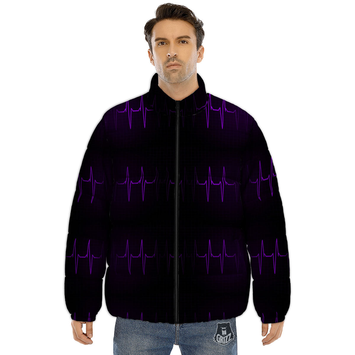 Heartbeat Purple Print Pattern Puffer Jacket-grizzshop