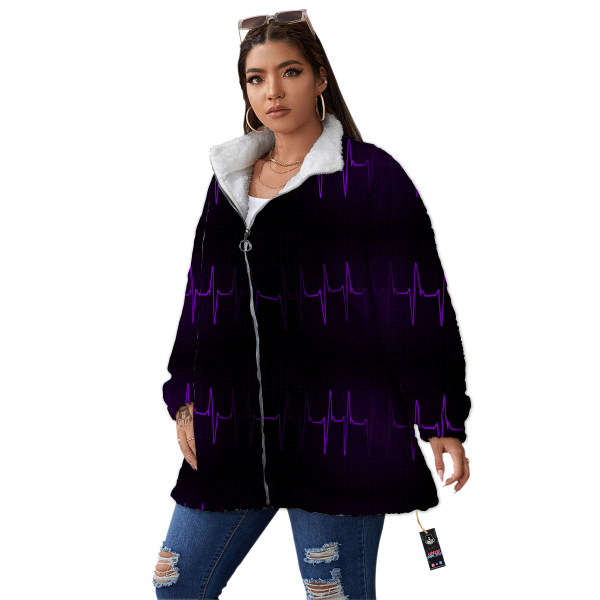 Heartbeat Purple Print Pattern Women's Sherpa Jacket-grizzshop