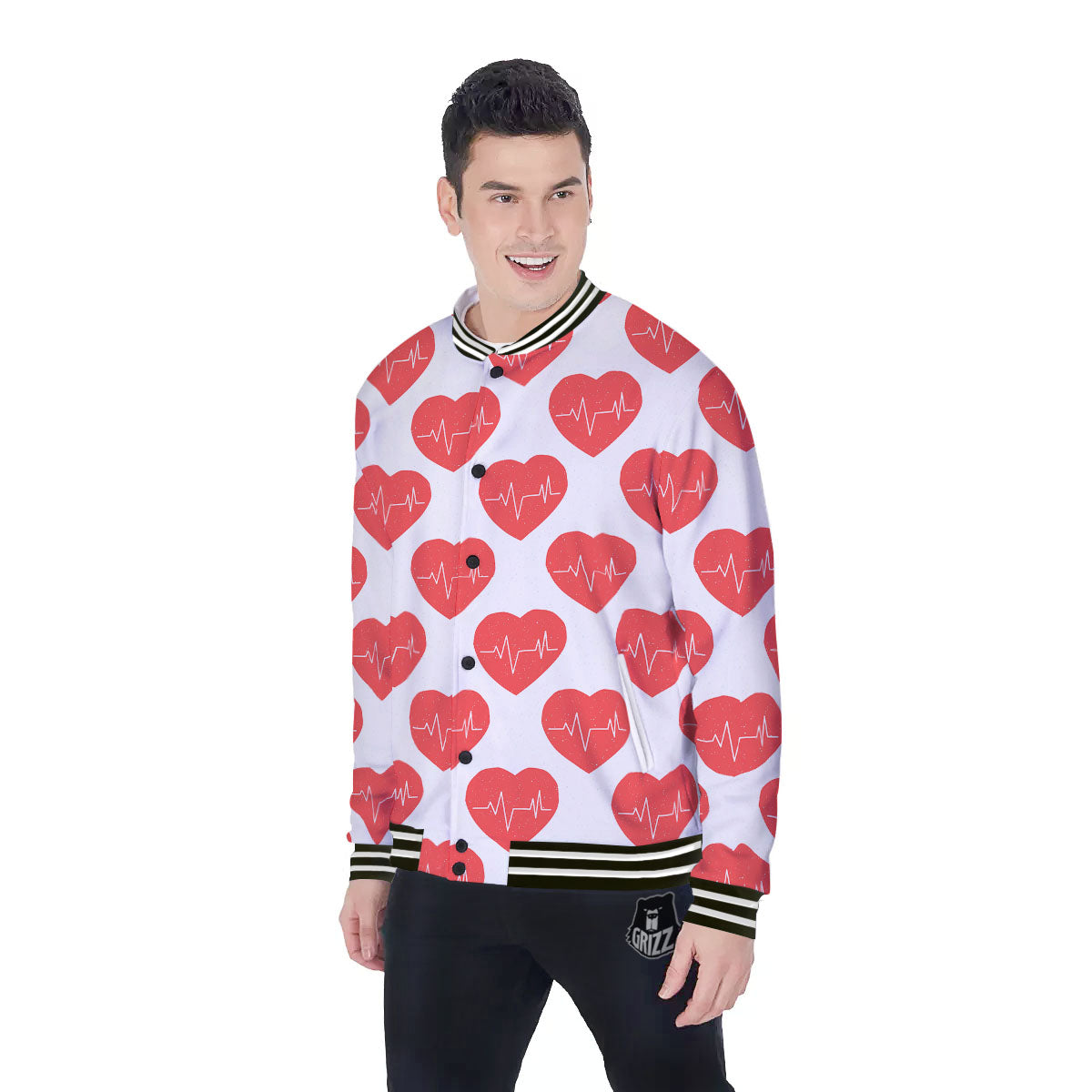 Heartbeat Red Print Pattern Baseball Jacket-grizzshop