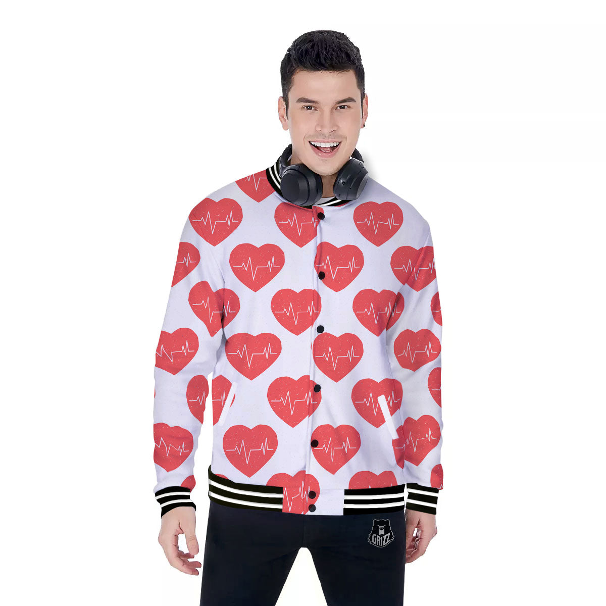 Heartbeat Red Print Pattern Baseball Jacket-grizzshop