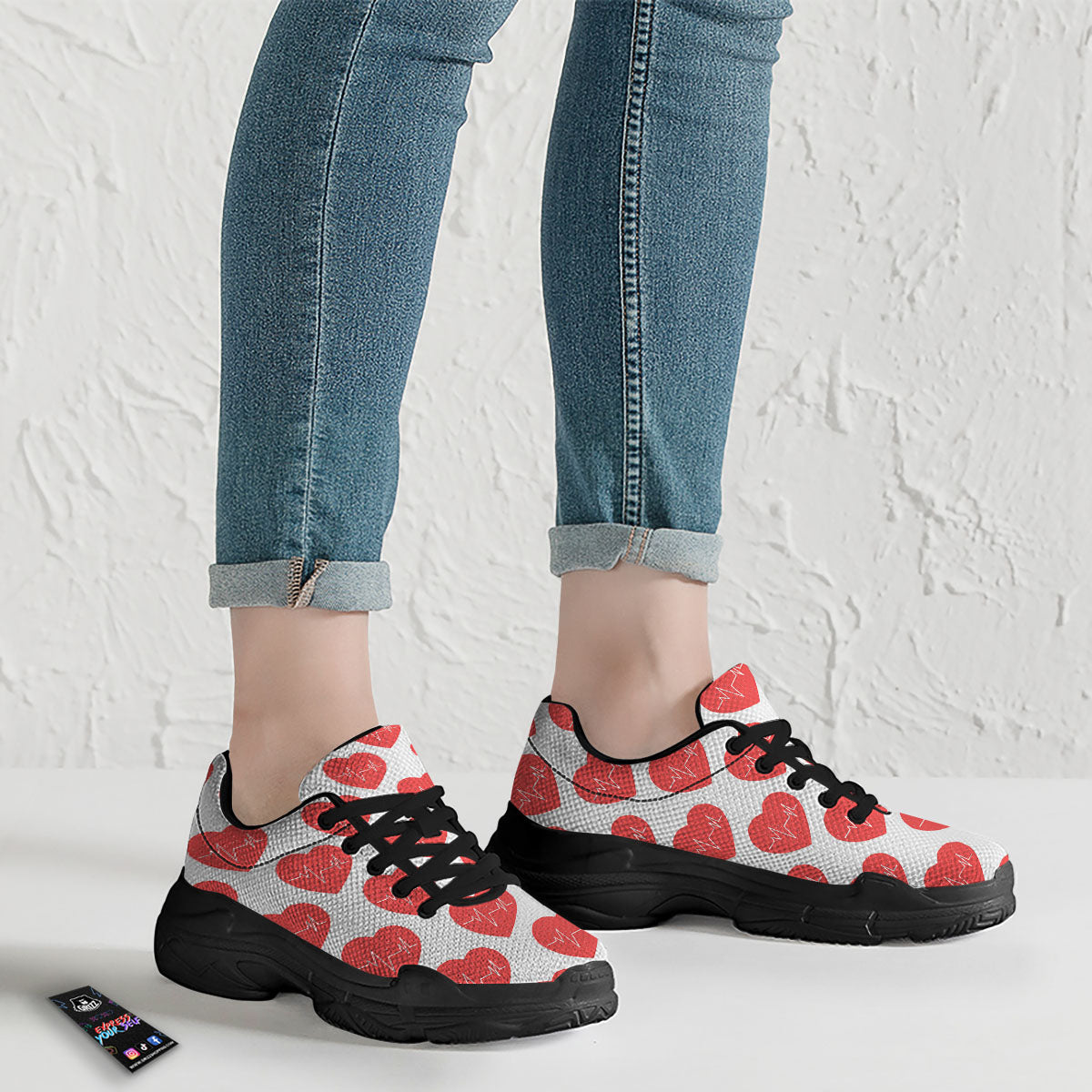 Heartbeat Red Print Pattern Black Chunky Shoes-grizzshop