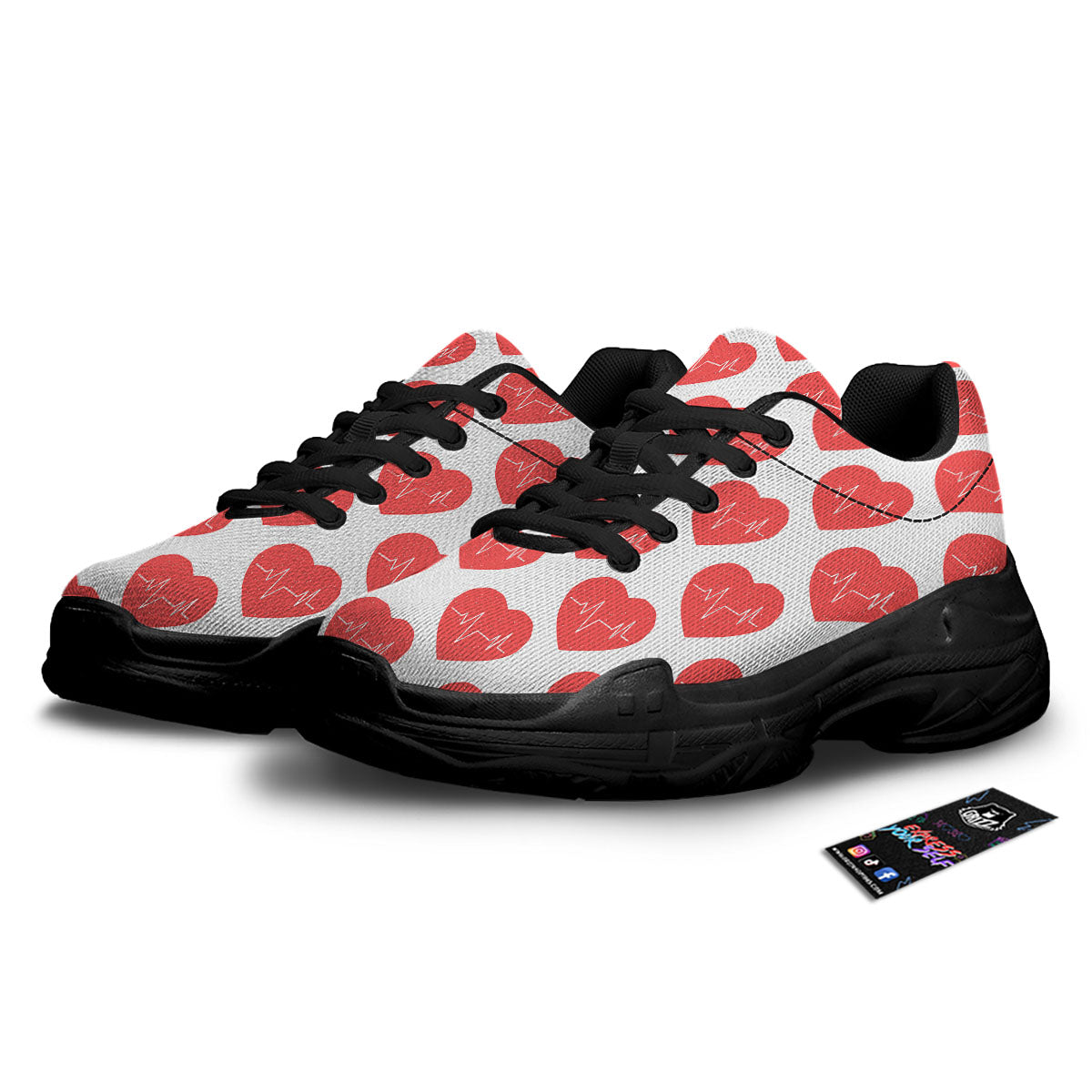 Heartbeat Red Print Pattern Black Chunky Shoes-grizzshop