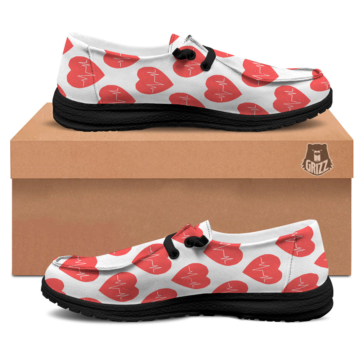 Heartbeat Red Print Pattern Black Loafers-grizzshop