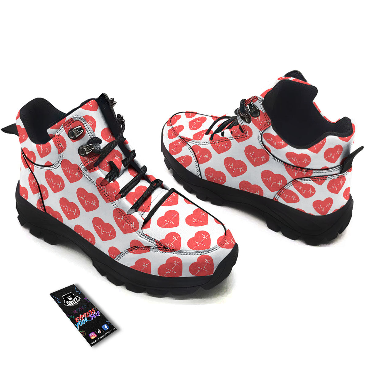 Heartbeat Red Print Pattern Hiking Shoes-grizzshop