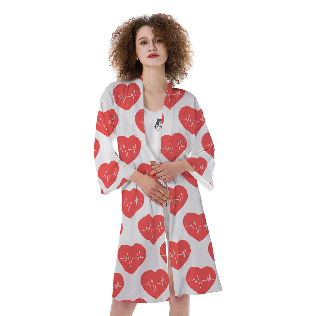 Heartbeat Red Print Pattern Kimono-grizzshop