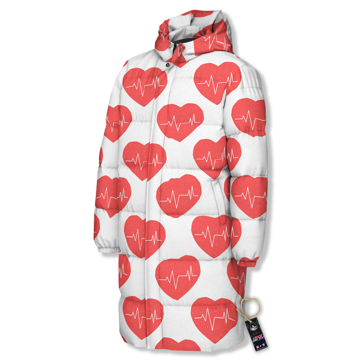 Heartbeat Red Print Pattern Long Down Jacket-grizzshop