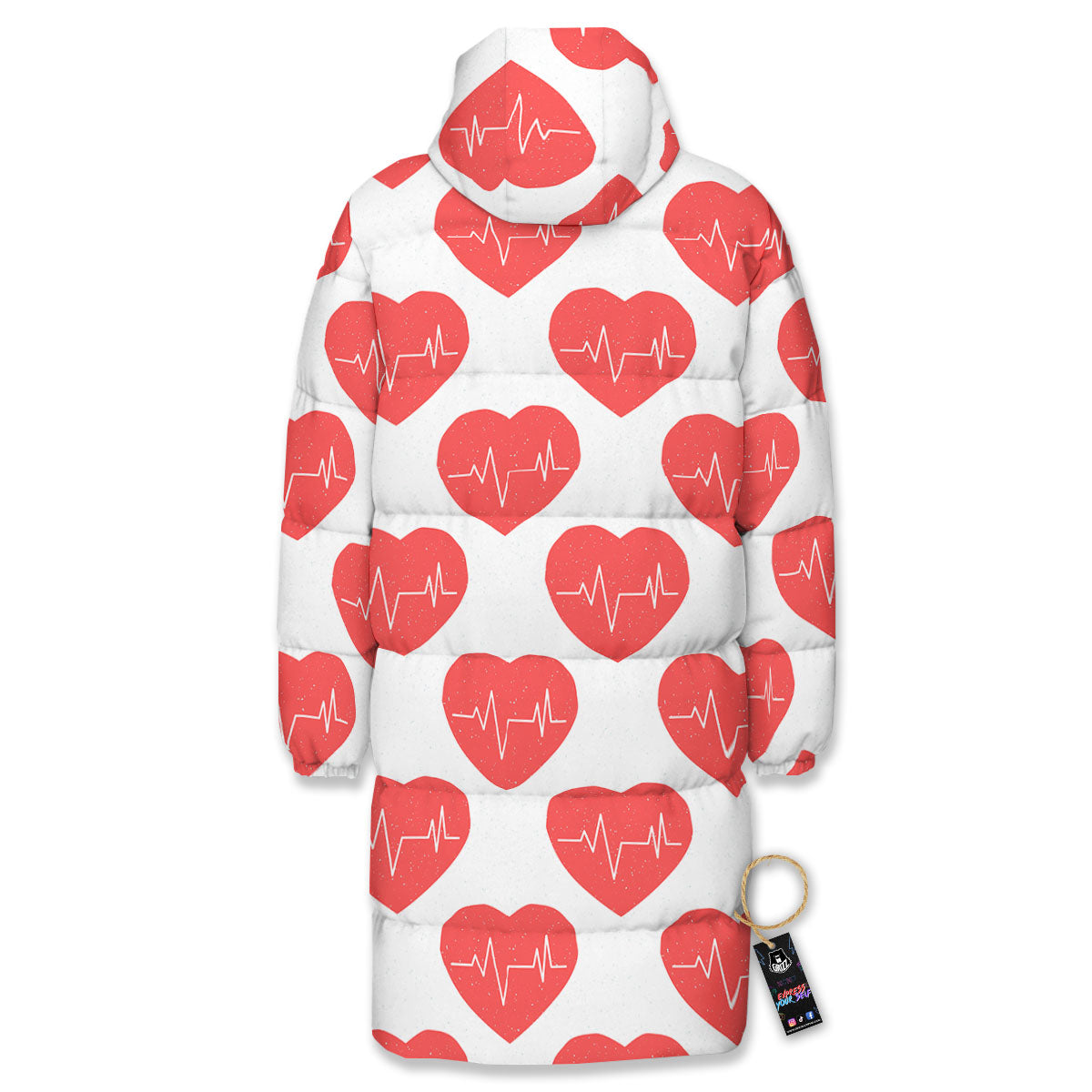 Heartbeat Red Print Pattern Long Down Jacket-grizzshop