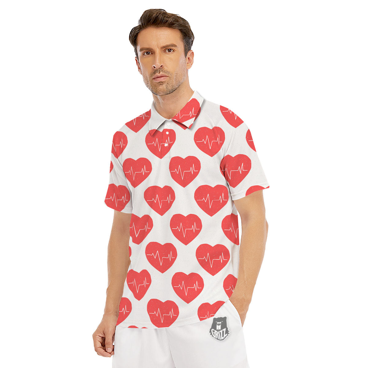 Heartbeat Red Print Pattern Men's Golf Shirts-grizzshop