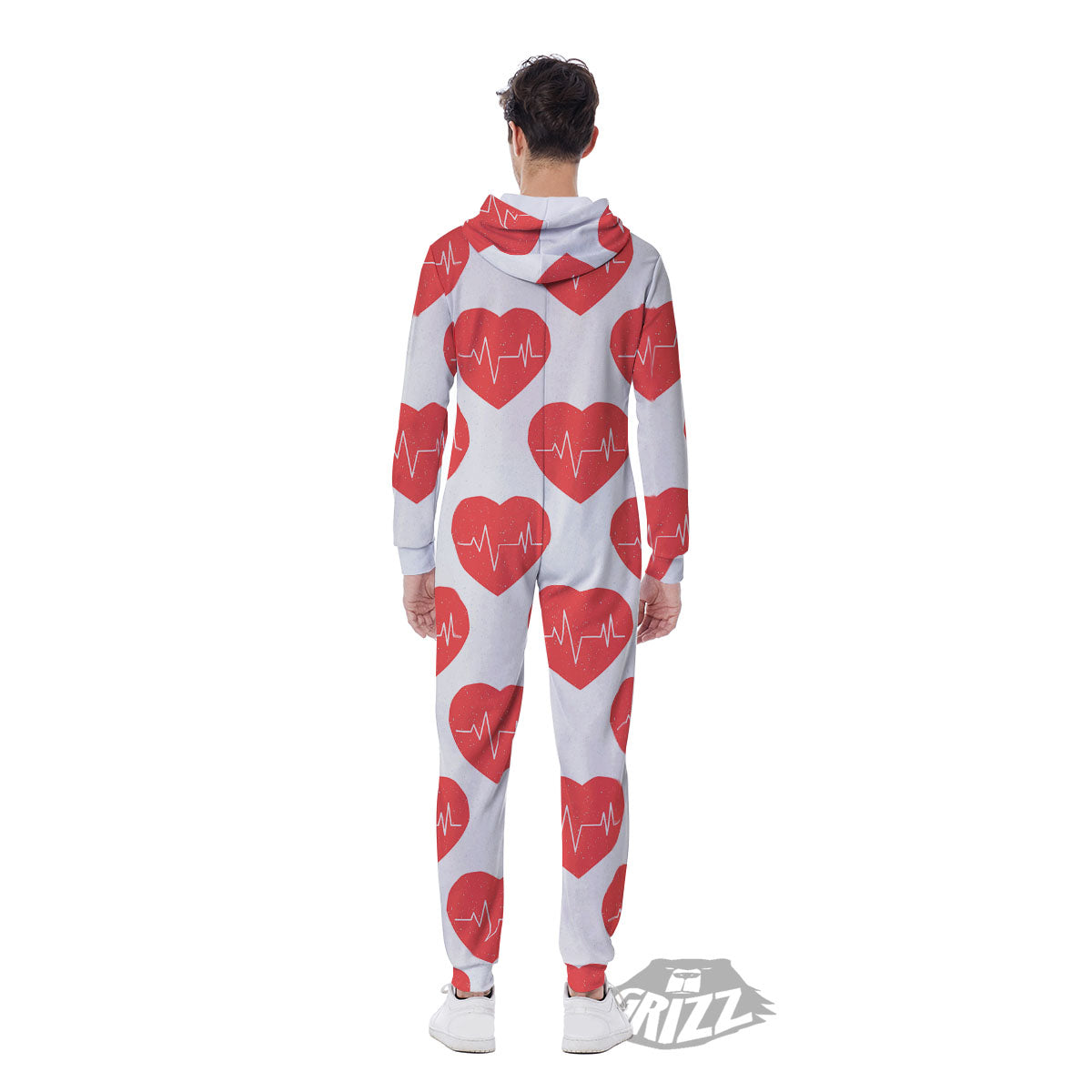 Heartbeat Red Print Pattern Men's Jumpsuit-grizzshop