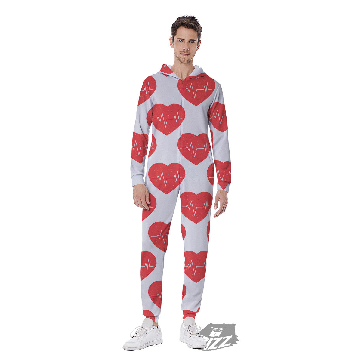Heartbeat Red Print Pattern Men's Jumpsuit-grizzshop