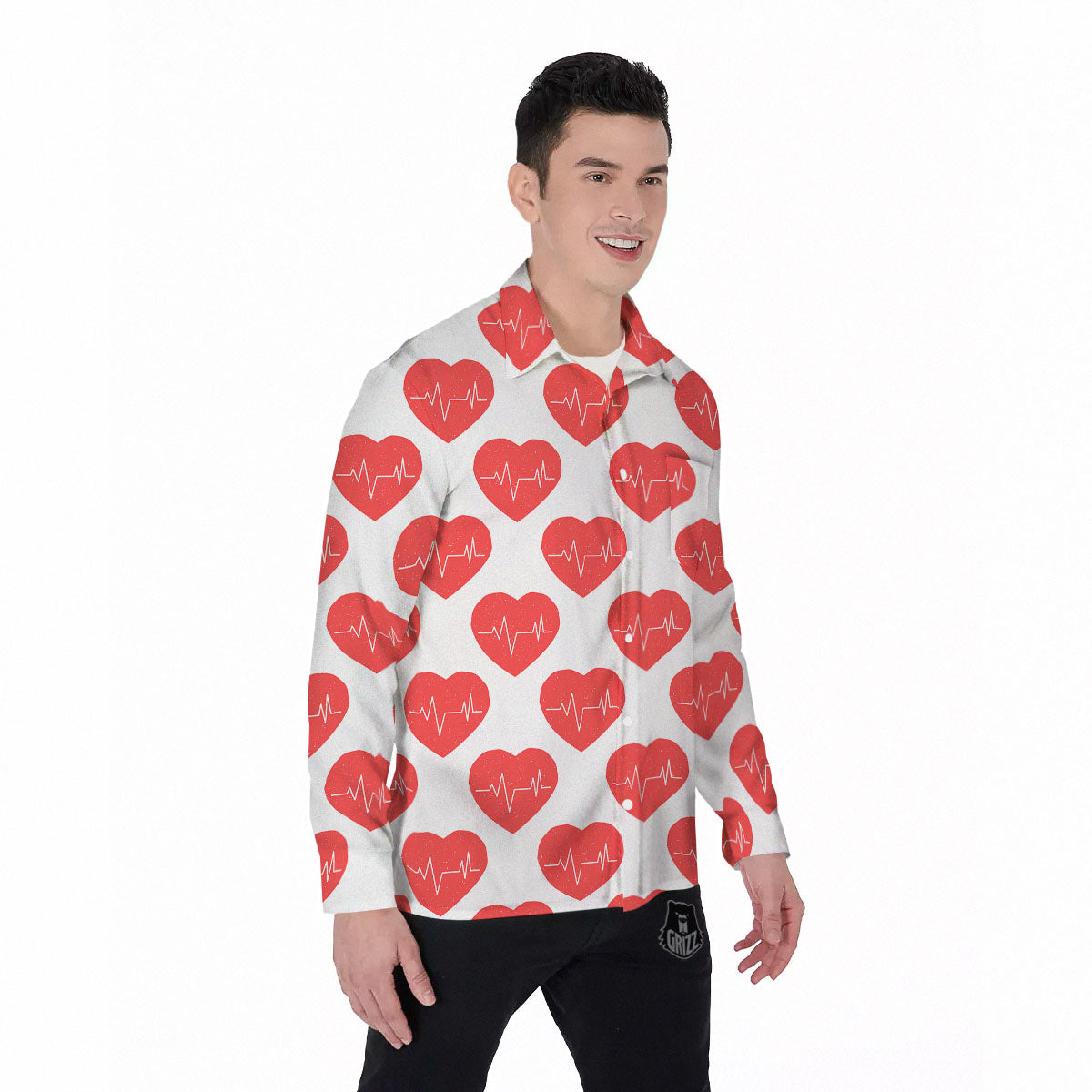 Heartbeat Red Print Pattern Men's Long Sleeve Shirts-grizzshop