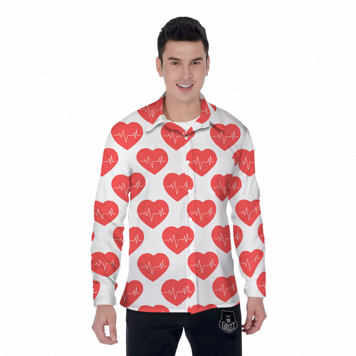Heartbeat Red Print Pattern Men's Long Sleeve Shirts-grizzshop