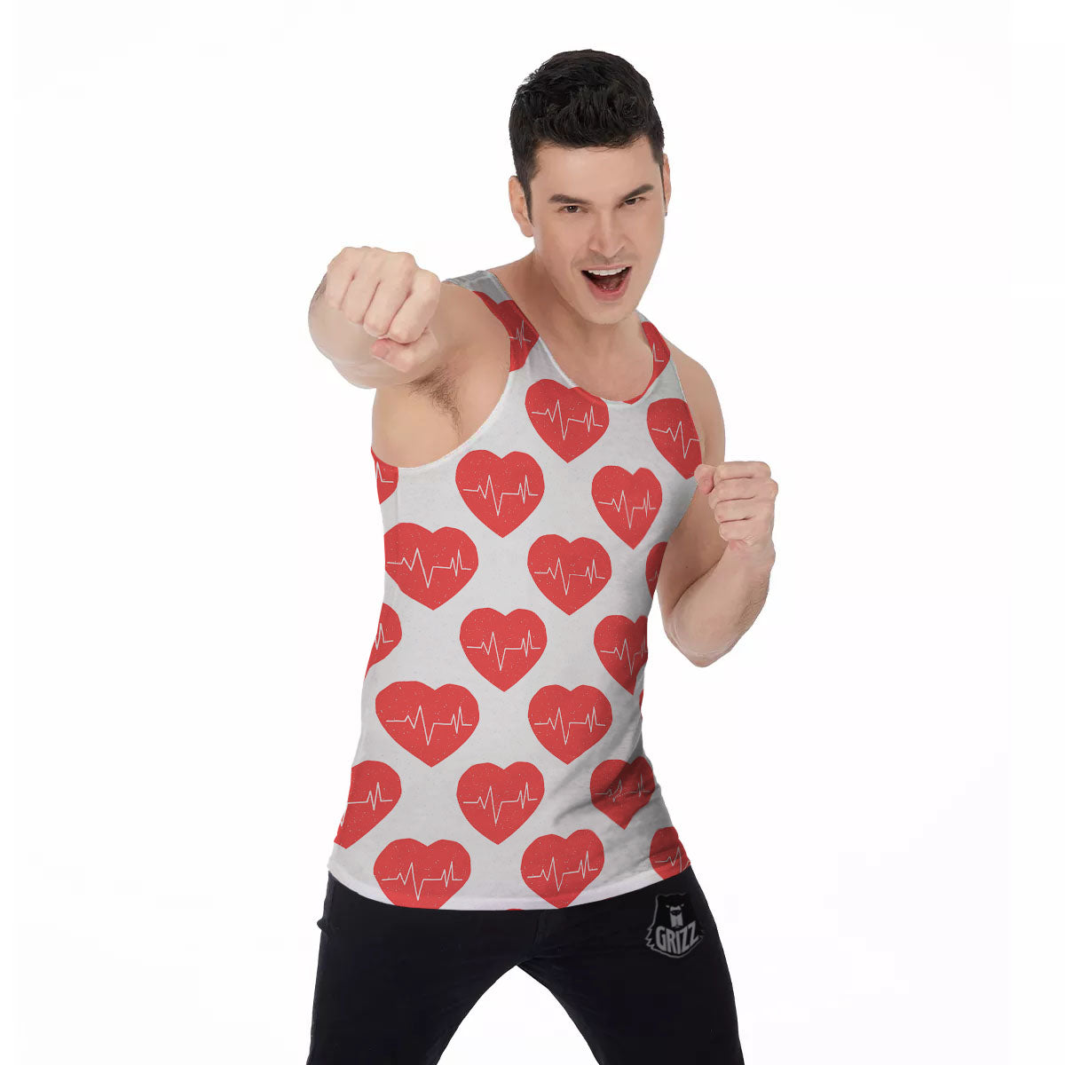 Heartbeat Red Print Pattern Men's Tank Top-grizzshop