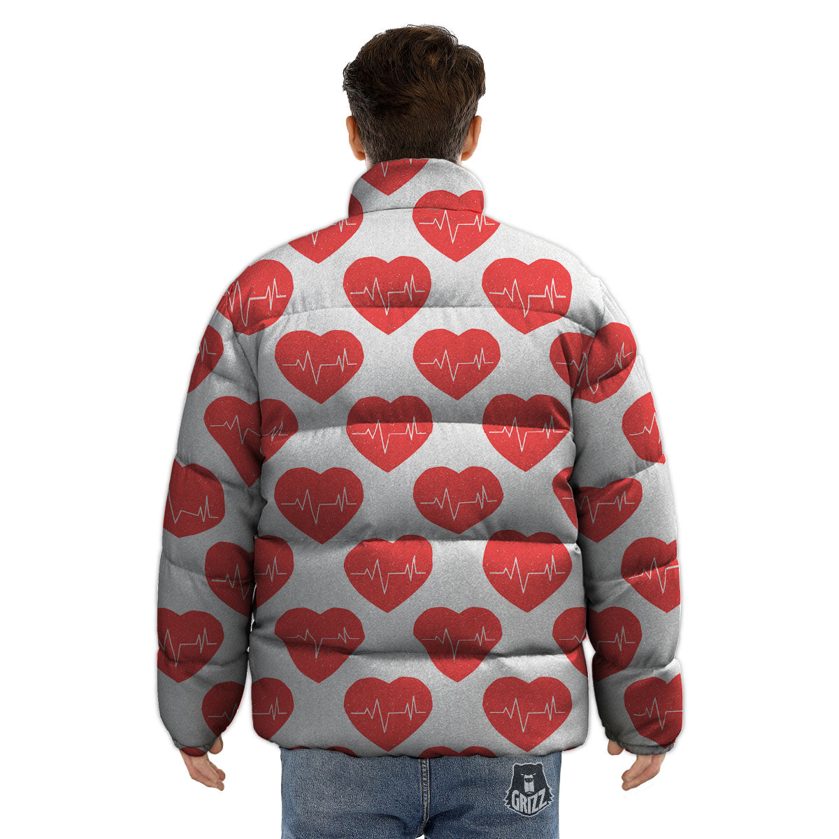 Heartbeat Red Print Pattern Puffer Jacket-grizzshop