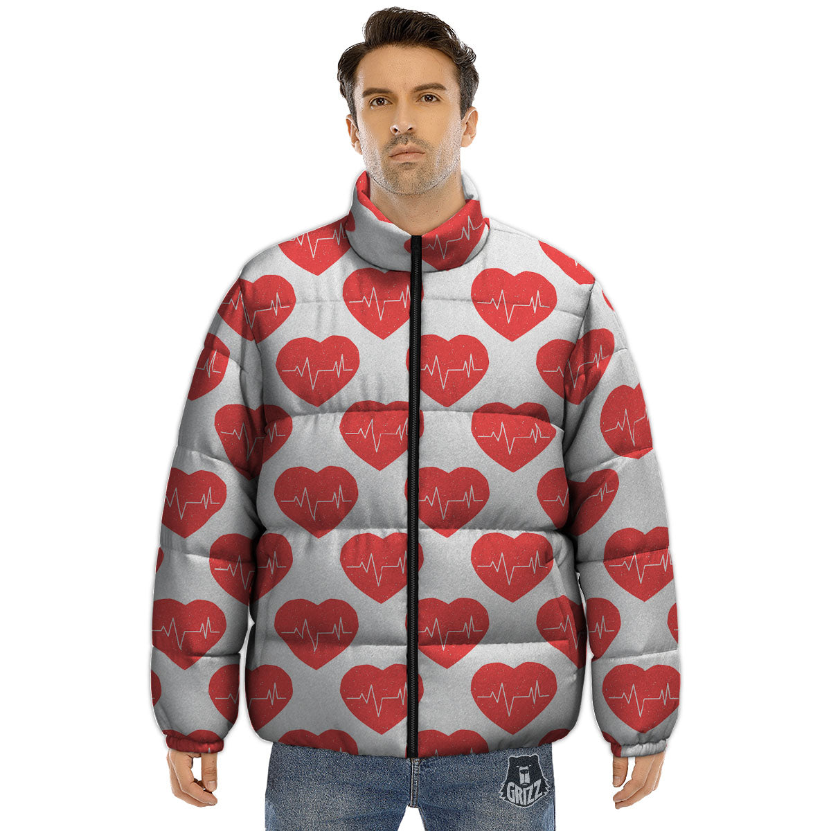 Heartbeat Red Print Pattern Puffer Jacket-grizzshop