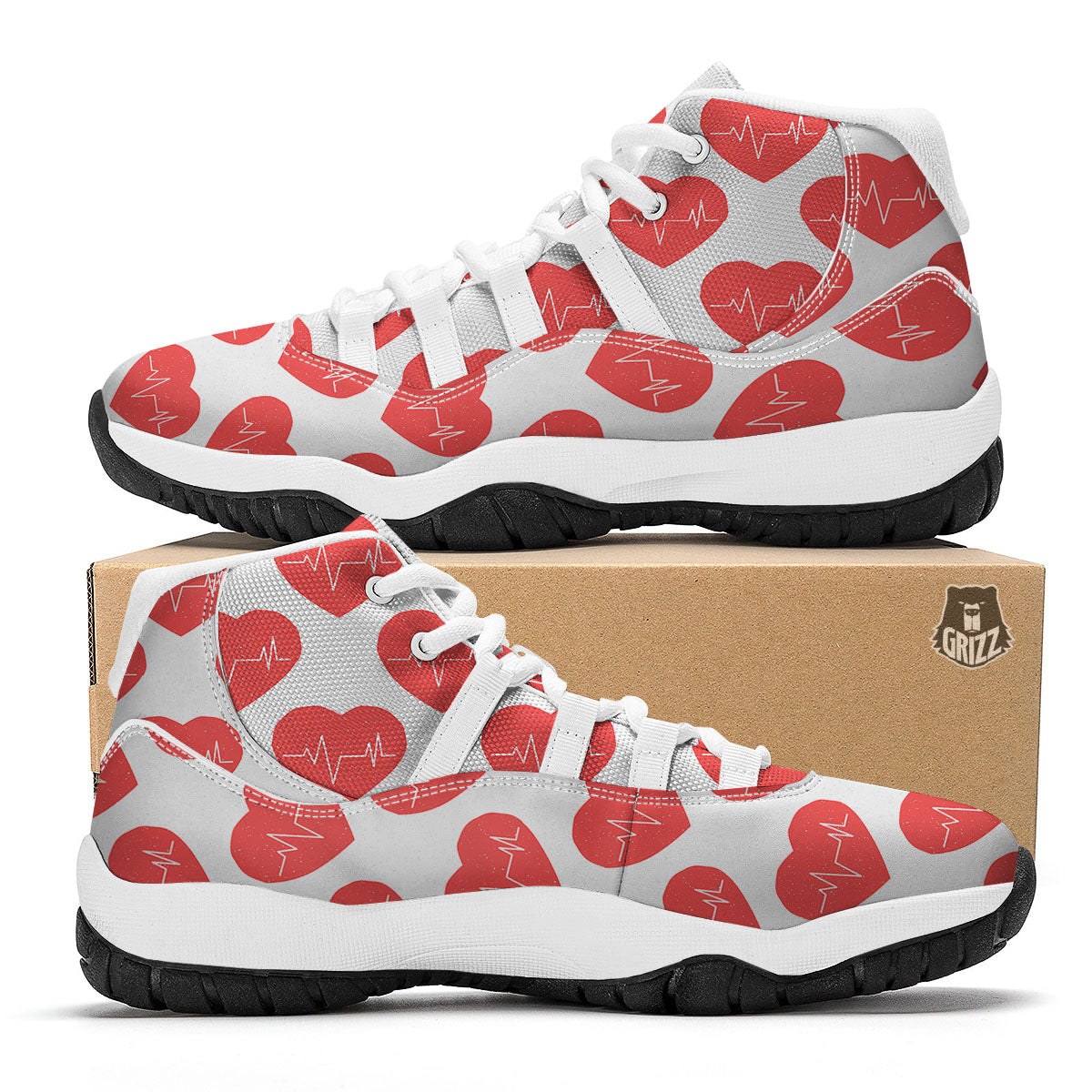 Heartbeat Red Print Pattern White Bball Shoes-grizzshop