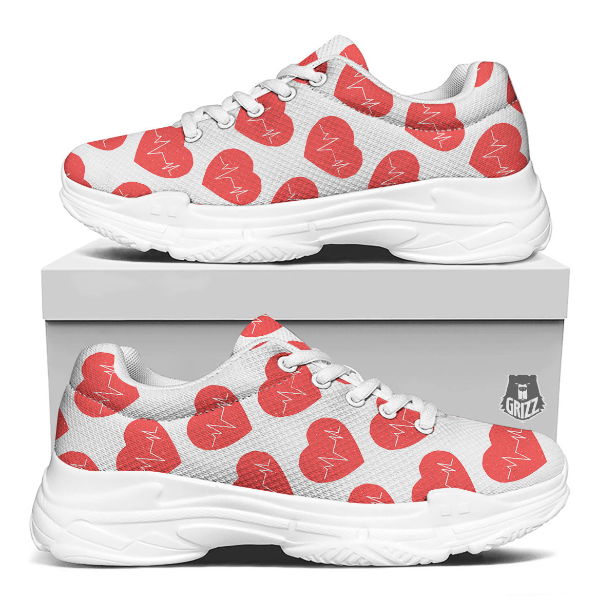 Heartbeat Red Print Pattern White Chunky Shoes-grizzshop