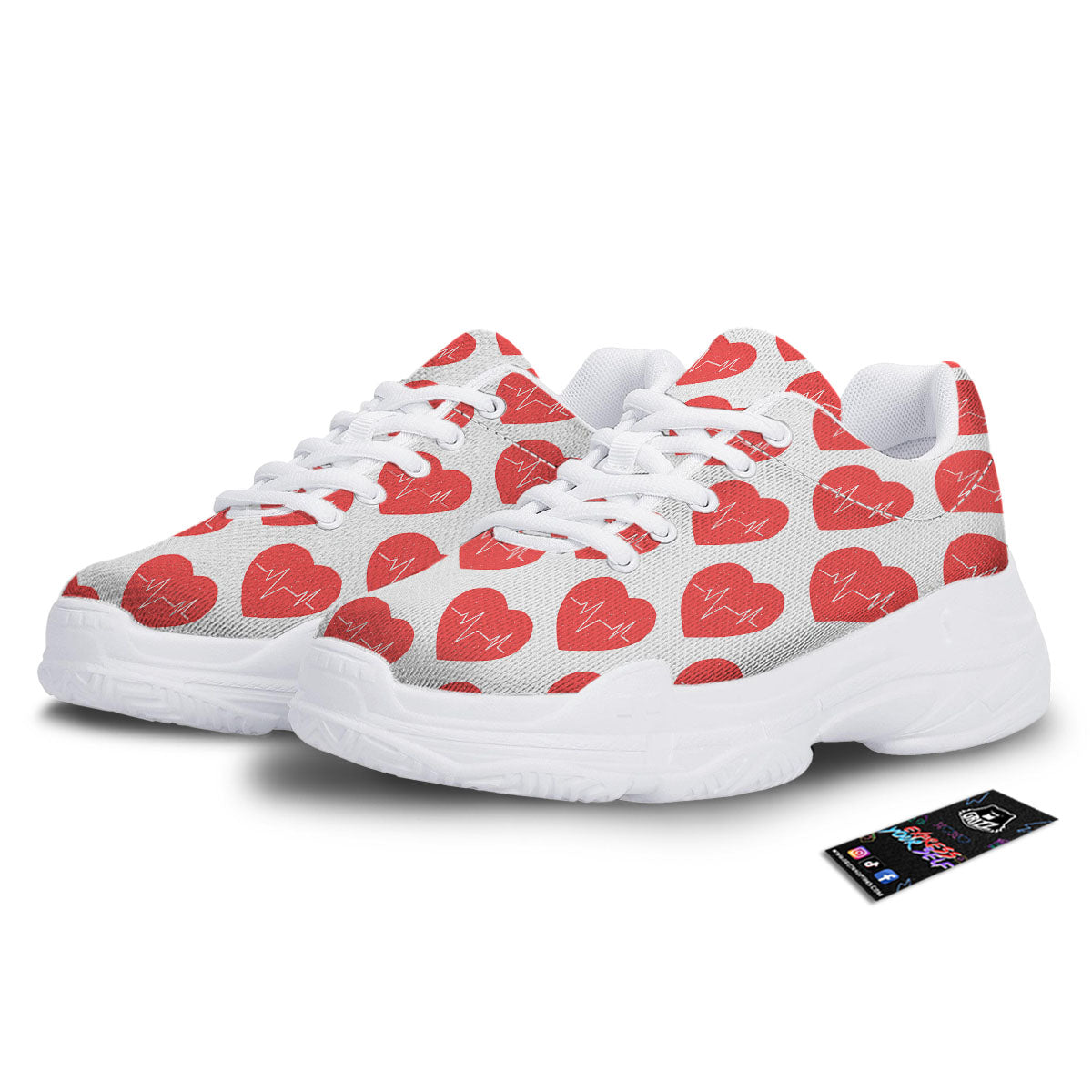 Heartbeat Red Print Pattern White Chunky Shoes-grizzshop