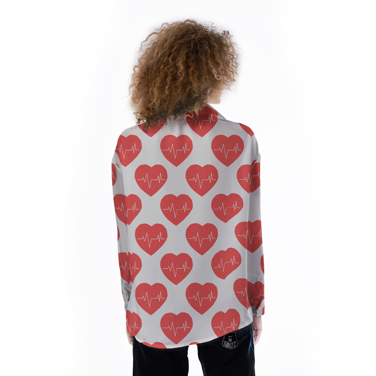 Heartbeat Red Print Pattern Women's Long Sleeve Shirts-grizzshop