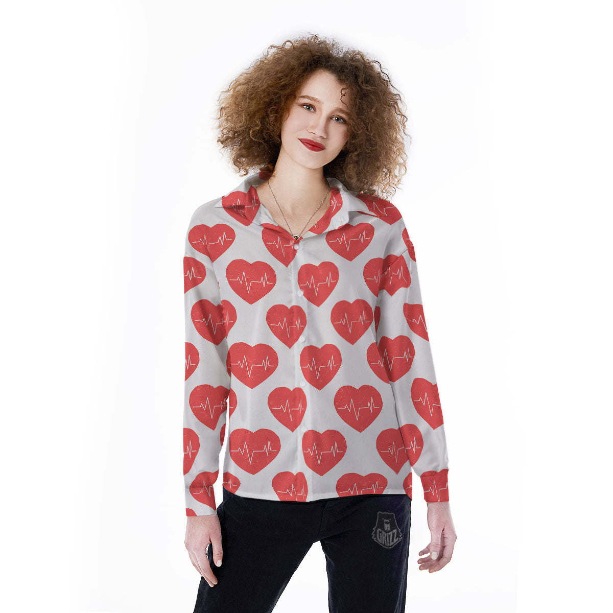 Heartbeat Red Print Pattern Women's Long Sleeve Shirts-grizzshop