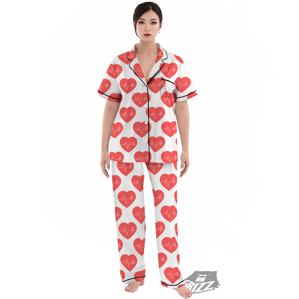 Heartbeat Red Print Pattern Women's Pajamas Set-grizzshop