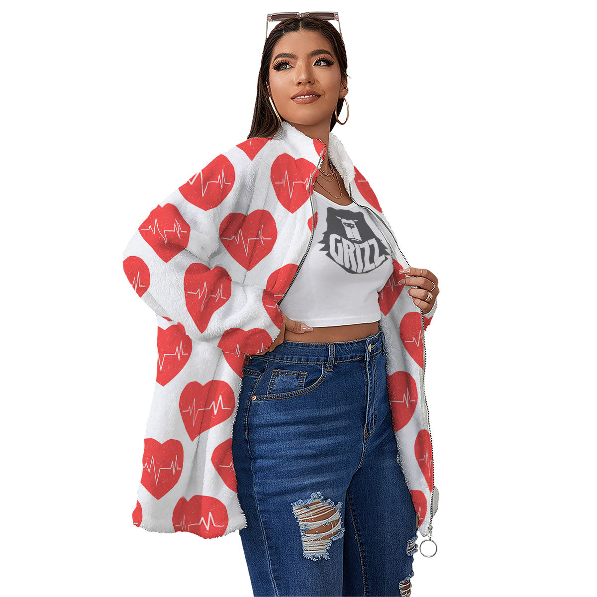 Heartbeat Red Print Pattern Women's Sherpa Jacket-grizzshop