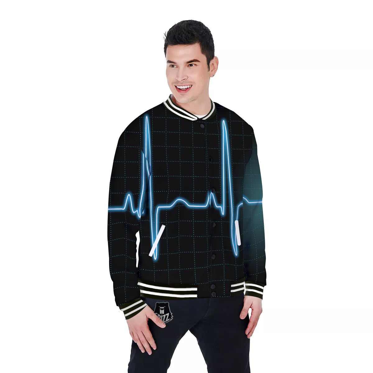 Heartbeat Teal Print Baseball Jacket-grizzshop