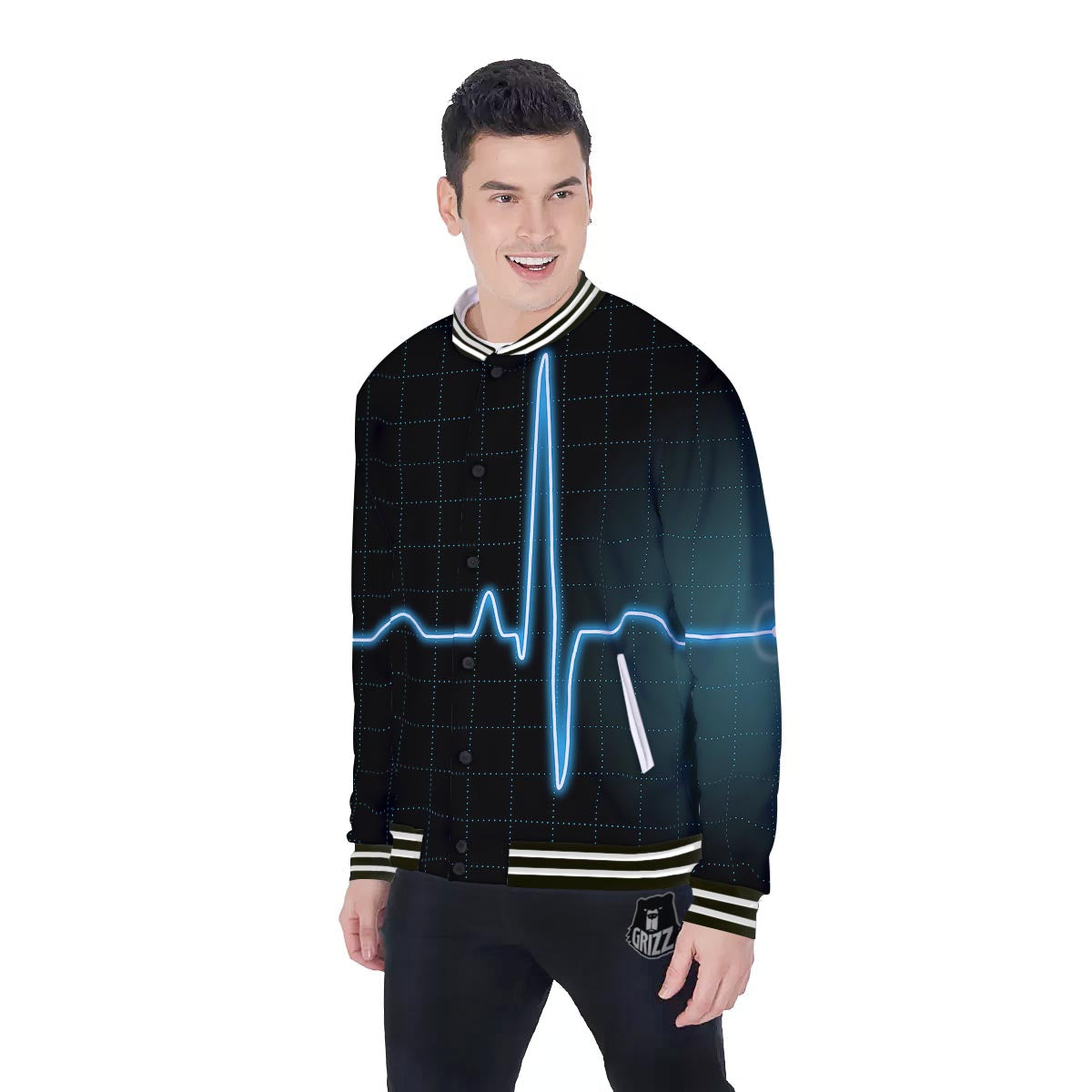 Heartbeat Teal Print Baseball Jacket-grizzshop