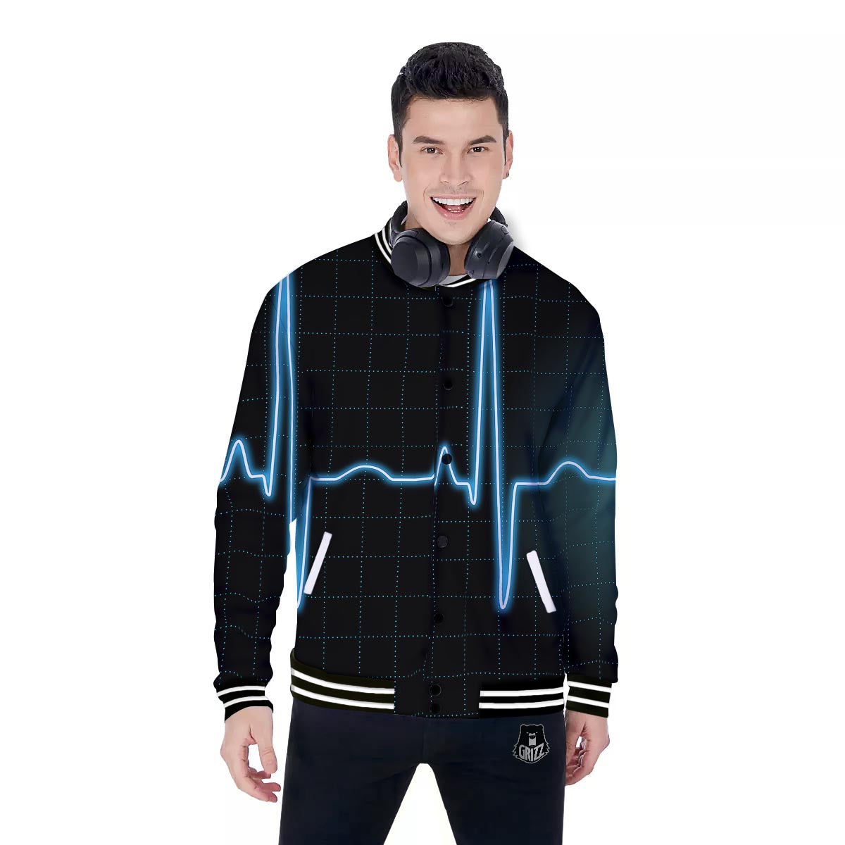 Heartbeat Teal Print Baseball Jacket-grizzshop